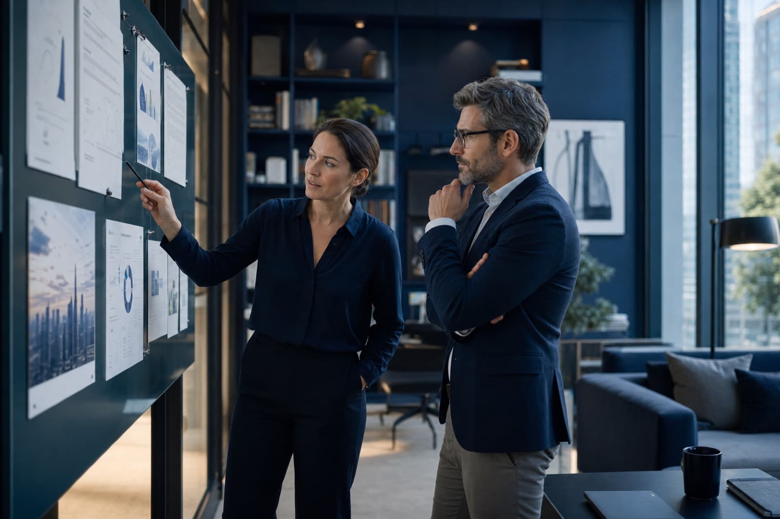 Consulting team reviewing an AI strategy board in a modern office