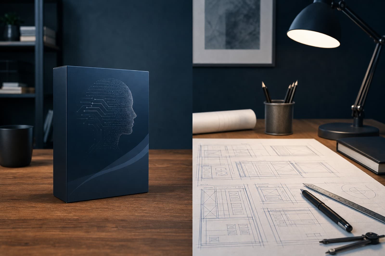 Desk scene contrasting packaged software and custom build blueprints