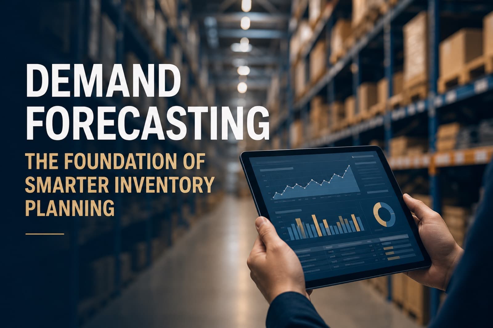 Warehouse planning context with a tablet showing forecast-style charts
