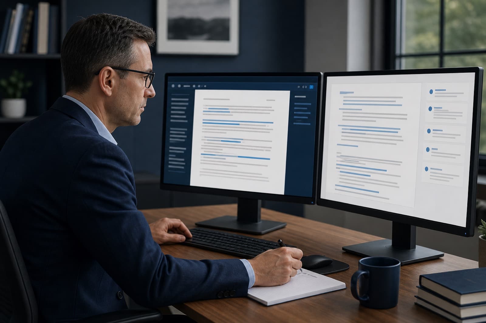 Expert reviewing AI-suggested work on dual monitors in an office