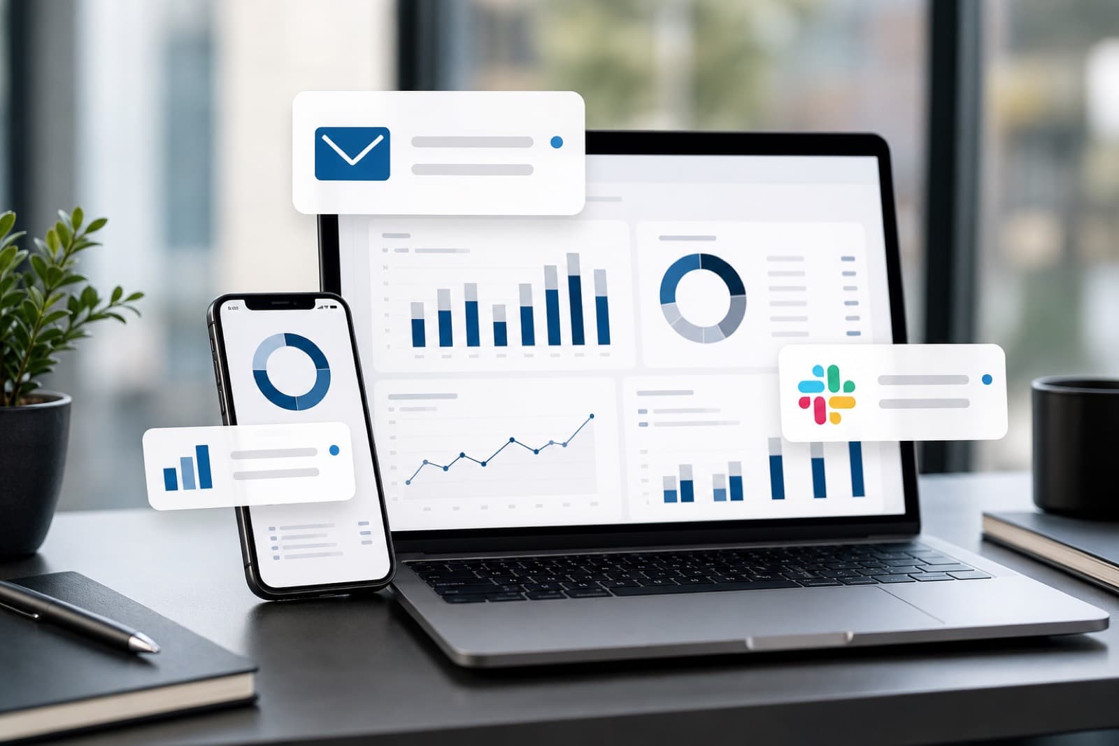 Laptop and phone with abstract KPI notification cards on a desk