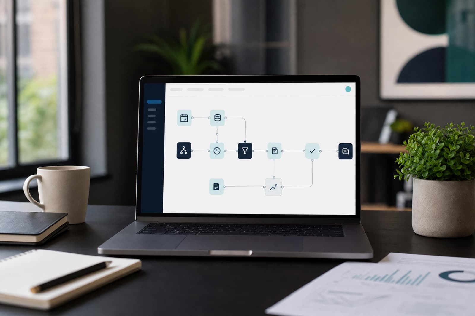 Laptop showing a workflow automation product interface on a desk