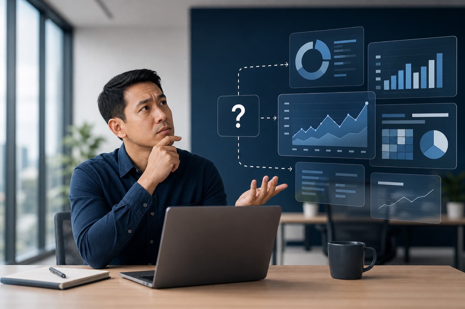 Business user exploring analytics questions beside dashboard panels