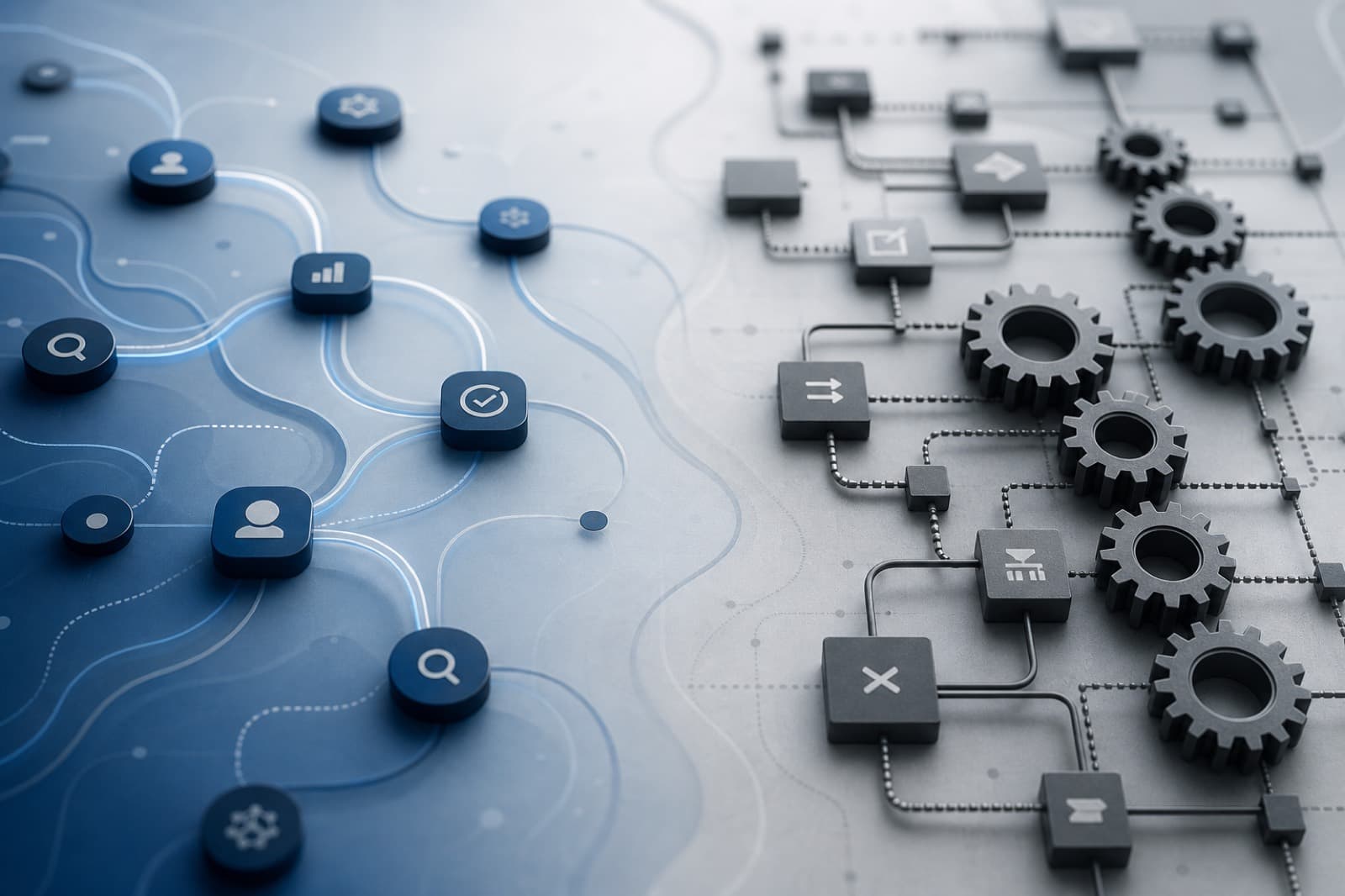 Abstract workflow nodes illustrating AI agents versus rigid automation rules