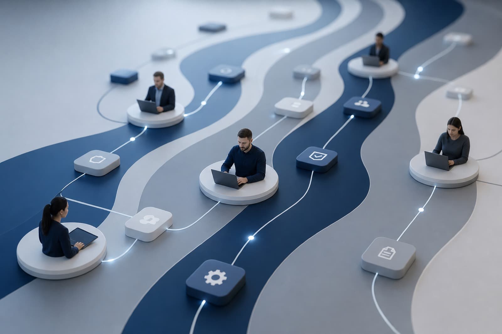 Abstract process lanes showing AI agents handling operational workflows