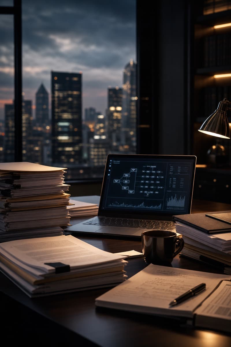 Atmospheric poster of deal documents for due diligence intelligence