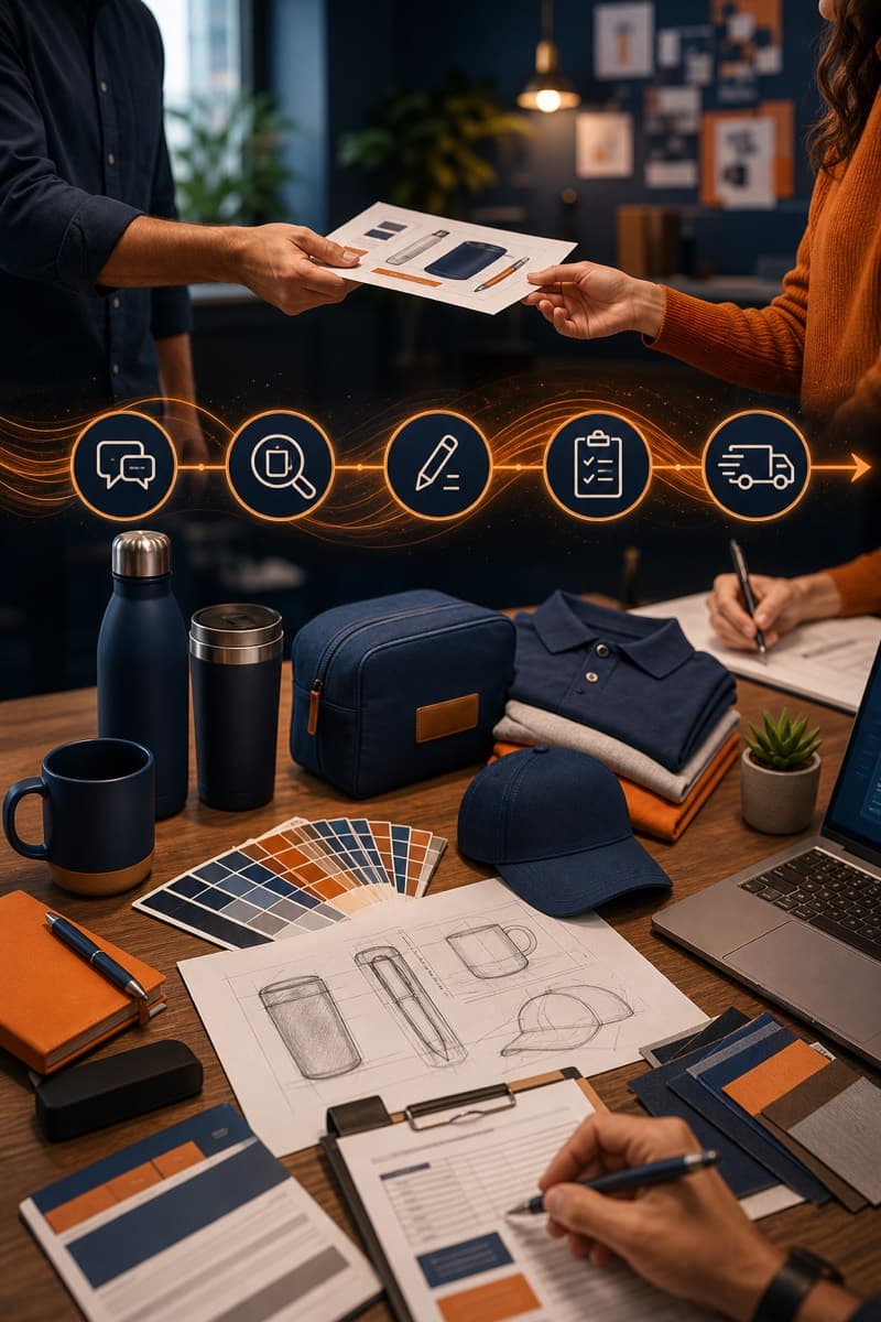 Atmospheric poster of promotional product samples and quotes